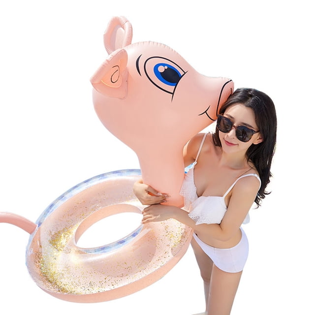 CIMAXIC PVC Swim Ring 1pc Adult Adorable Pig Pattern Swimming Ring Thickened Sequins Inflatable Water Playing Ring for Summer,55.12"X40.55"X31.5"