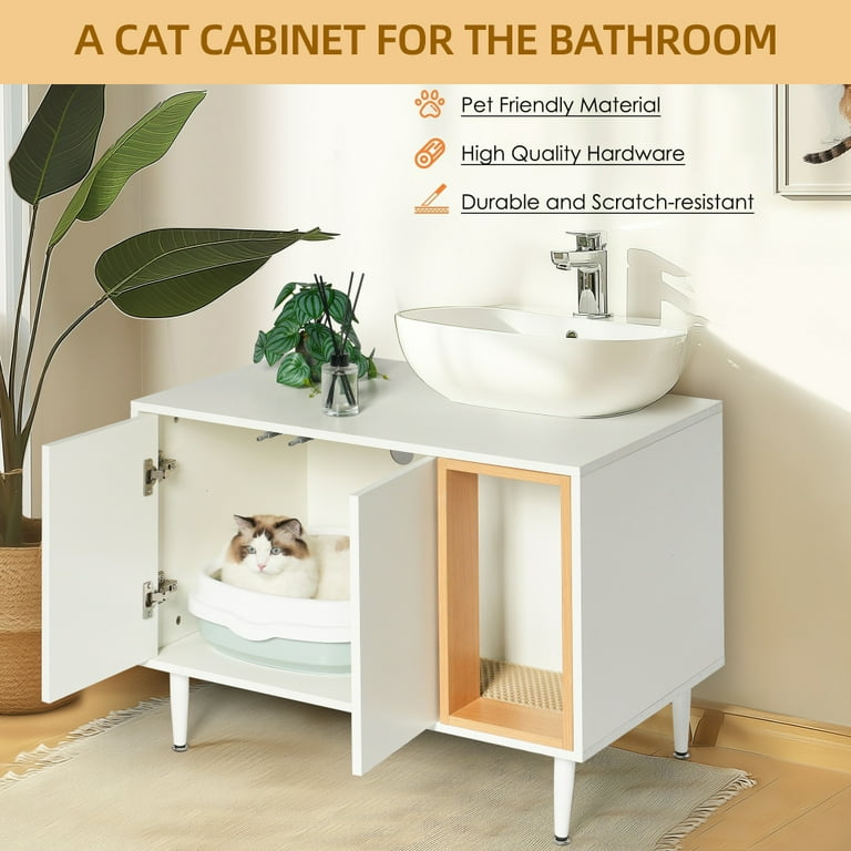 Midoqin 2 in 1 Bathroom Vanity & Cat Litter Box Enclosure, Bathroom Litter Box Furniture Hidden with Double Door & Divider, Wooden Cat Washroom
