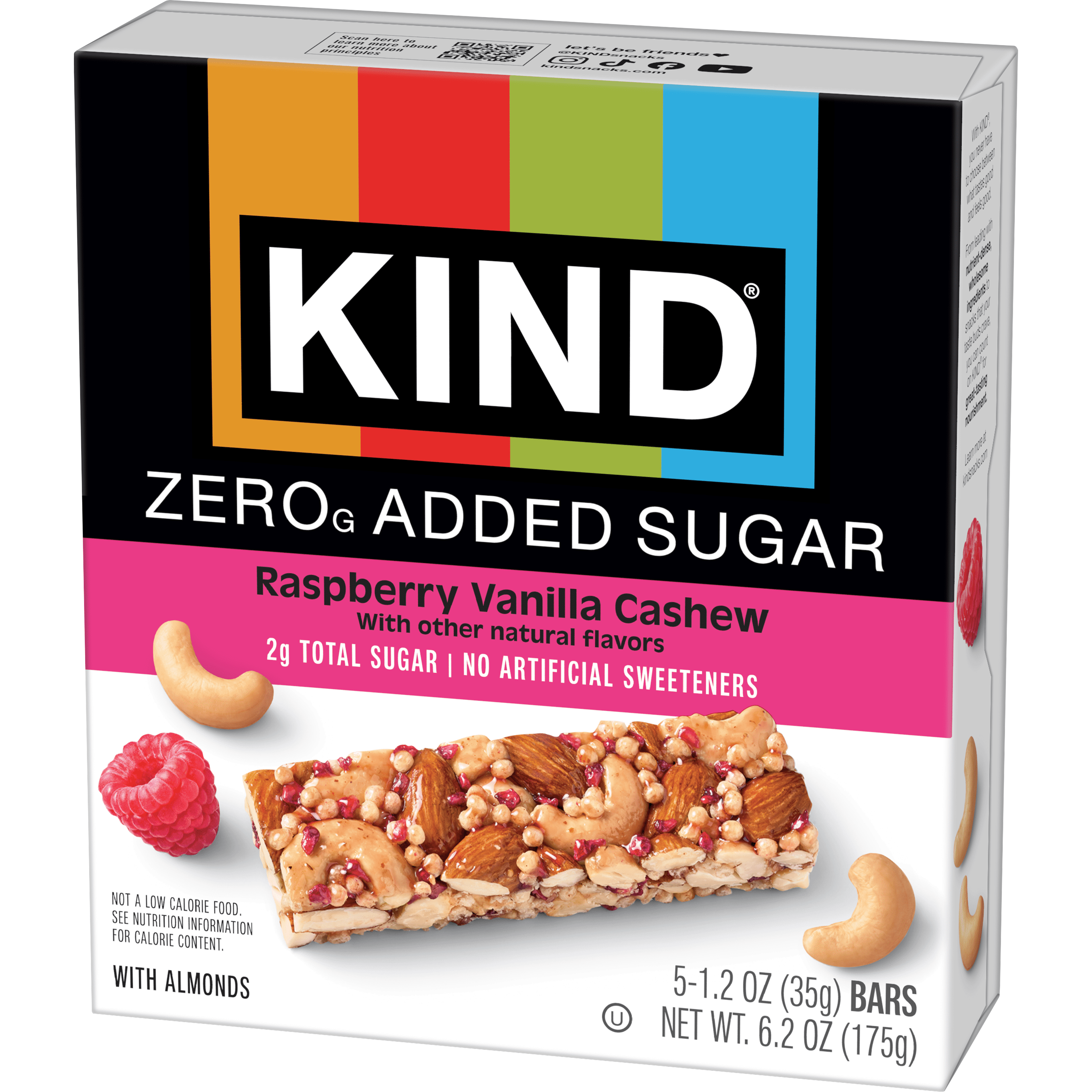 (6 pack) KIND Zero Added Sugar Bars, Raspberry Vanilla Cashew, Gluten Free, High Fiber, 5 Count