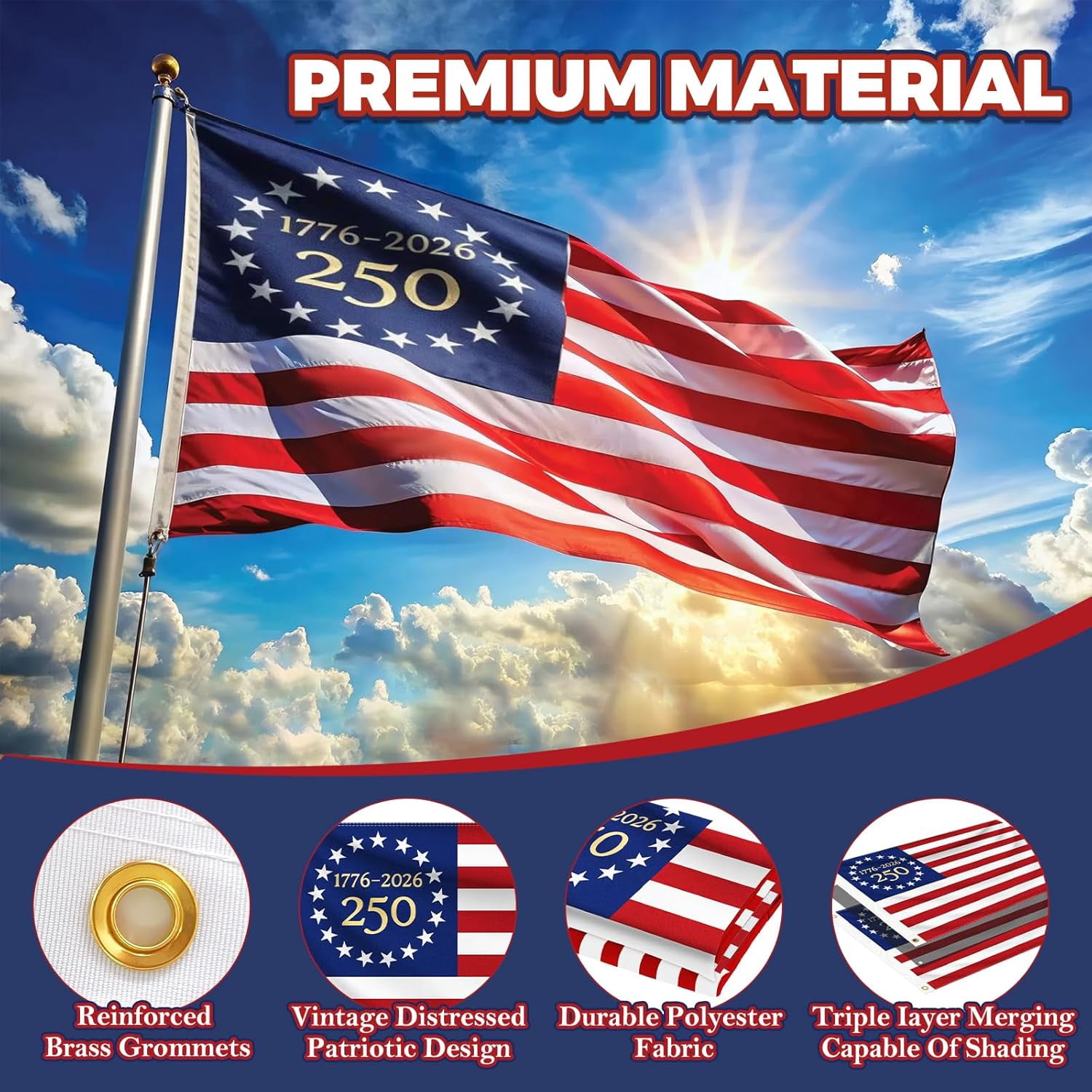 3x5 ft 250 Years Anniversary American Flag, 1776-2026 USA Flag, Vintage Stars Design for 250th Independence Day Birthday, Patriotic Outdoor Flag for Home Yard Porch Wall Outside Decorations