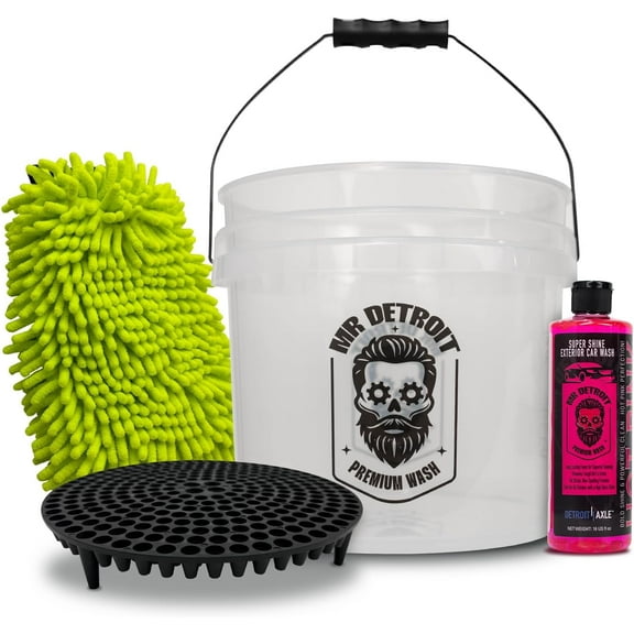 Mr. Detroit - 4pc Car Wash Kit Cleaning Soap Double Noodle Wash Mitt - Free Detailing Cleaner, Heavy Duty Bucket w/ Filter for Auto Home Use