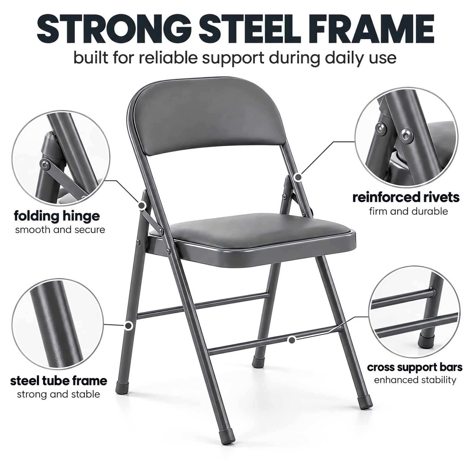Telyra 2 Pack Folding Chairs Leather Padded Seat and Backrest Foldable Metal Chairs for Indoor Outdoor Use,Grey
