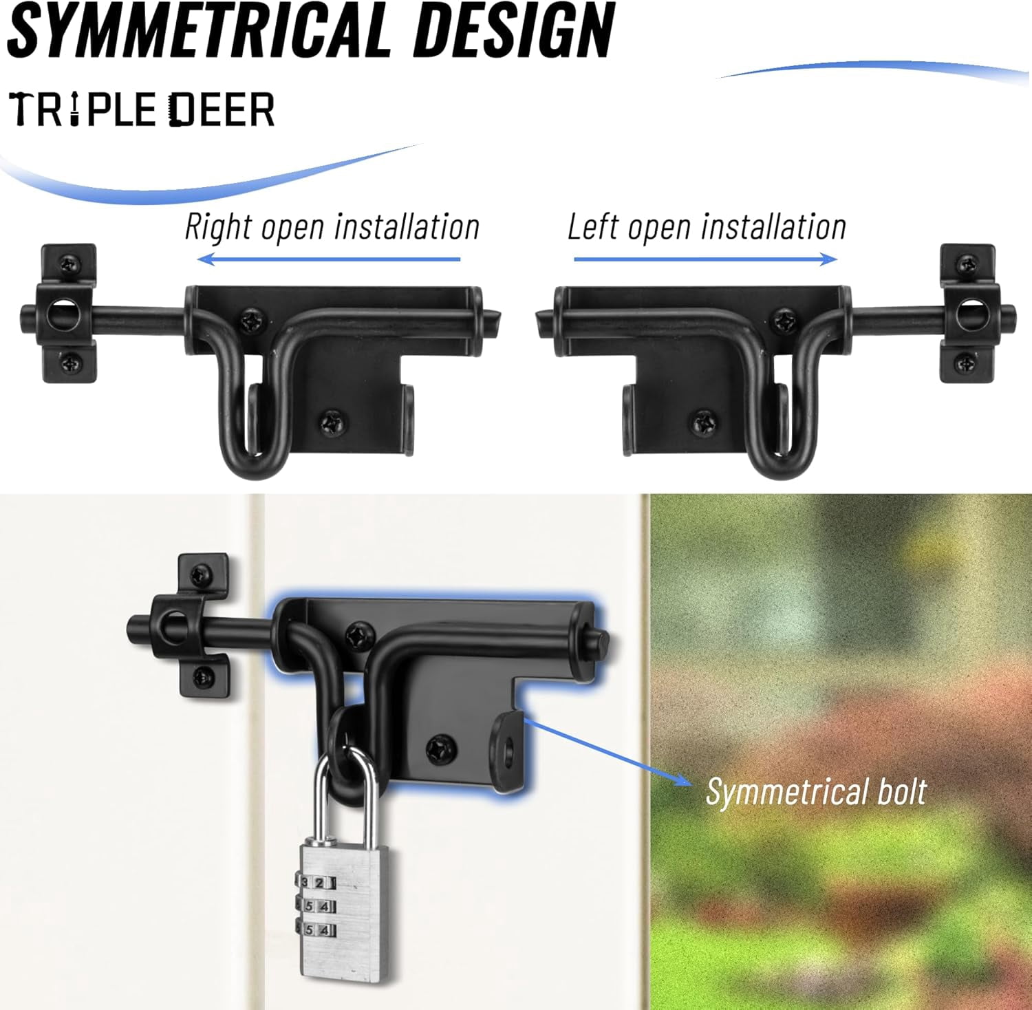 Heavy Duty Slide Bolt Gate Latch, Sliding Bolt Door Lock with Padlock Hole, Slide Bolt Hardware for Wooden Fence/Yard Fence/Shed Door/Barn Door, Black, 3 Pack