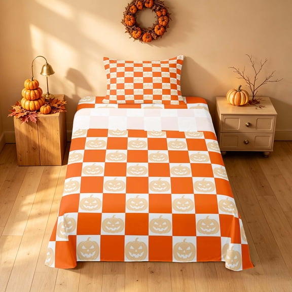 Homewish Pumpkin Plaid Twin Sheets, Happy Halloween Bedding, Orange Cream White, 3pcs (1 Flat Sheet, 1 Fitted Sheet and 1 Pillowcase)