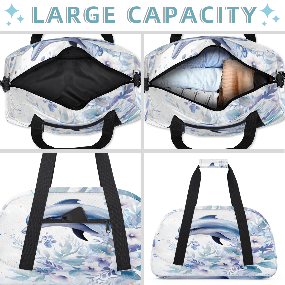 Herdesigns Ocean Animals Sports Duffle Bag for Women & Men, Dolphin Gym Bag Dance Bag Overnight Bag Carry On Weekender Travel Bag