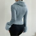 thumbnail image 6 of Aboser Furry Trim Ribbed Sweaters for Women Trendy Button Down Crop Tops Stretchy Slim Fit Tunic Sweater Comfy V Neck Party Shirts Soft Knitwear Blue L, 6 of 6
