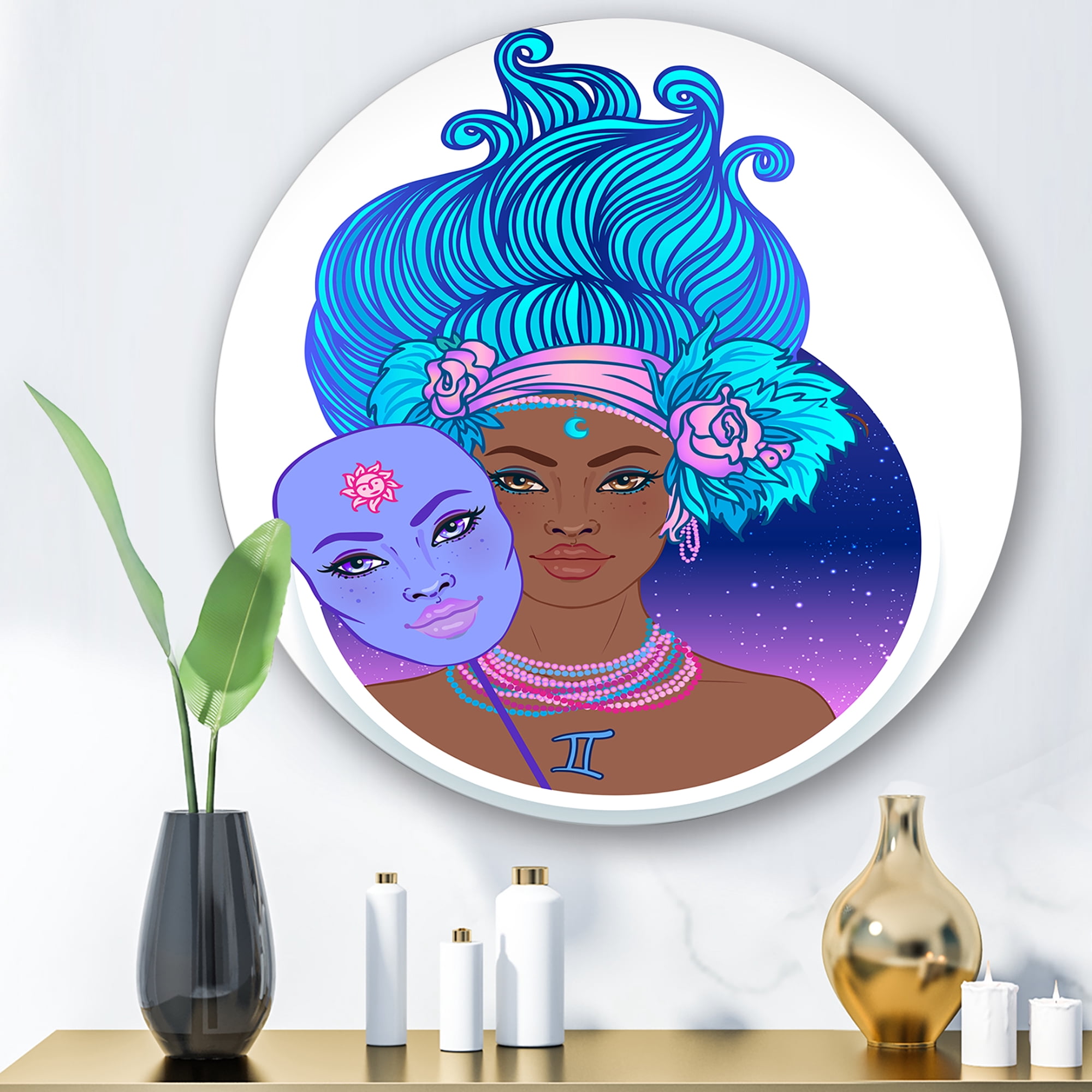 Designart 'Portrait of Afro American Girl With Blue Hair II' Modern Circle Metal Wall Art 23x23 - Disc of 23