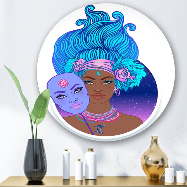 Designart - Portrait d'Une Femme Afro-Américaine aux Cheveux Bleus II - Art Mural Rond en Métal Moderne