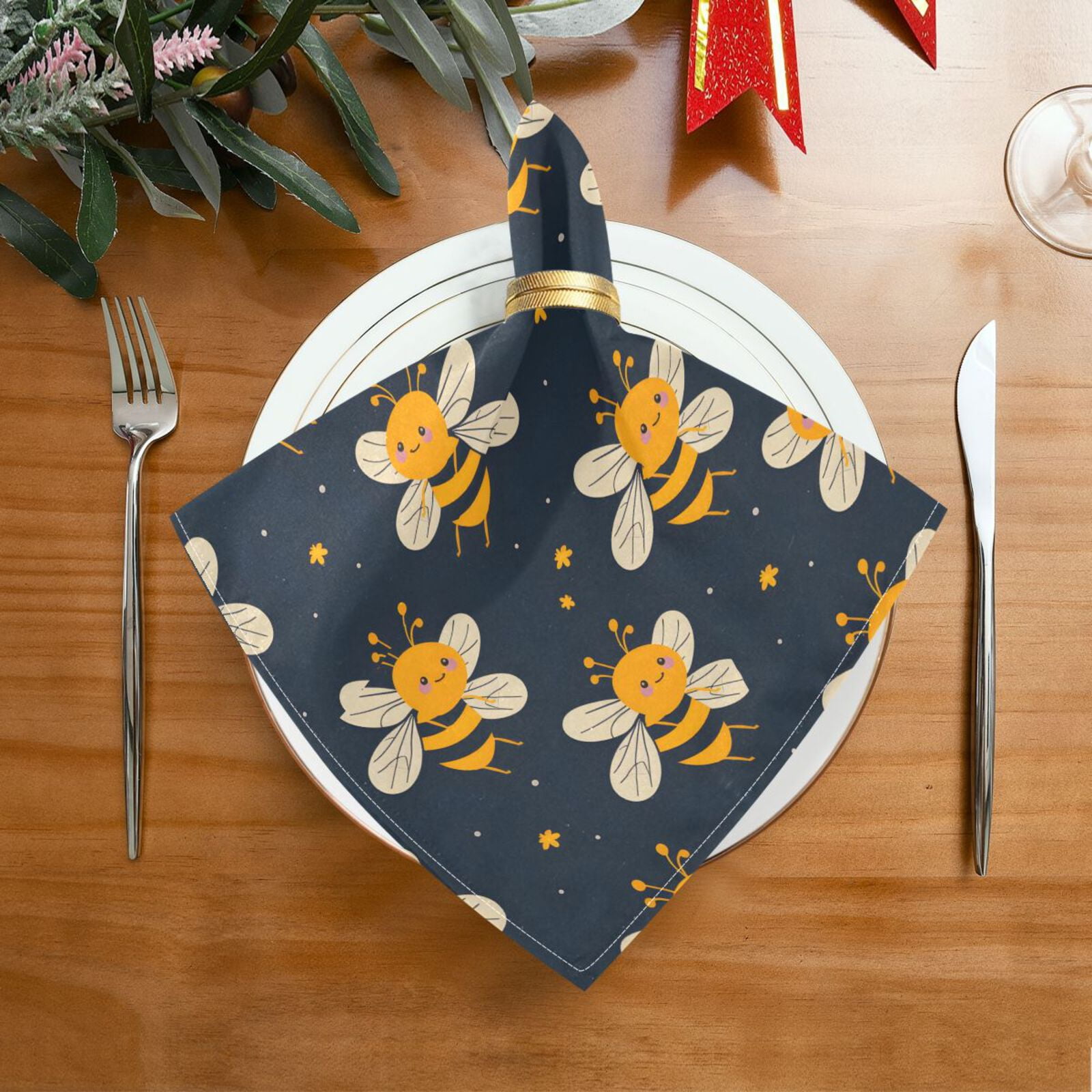 JSTEL Honey Bee Stars Cloth Napkins Set of 6, 20x20 Inch Washable and Reusable Napkin for Decoupage Dinner Party Everyday Use