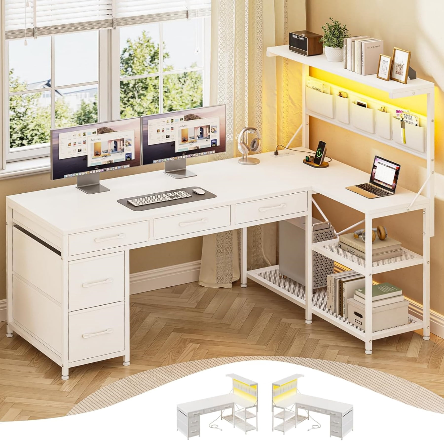 47" L Shaped Desk with 5 Drawers & Hutch, Reversible Gaming Desk with LED Lights & Outlets, Computer Desk with Open Shelves & Storage Bag for CPU, Books etc for Home Office, Space Saving, White