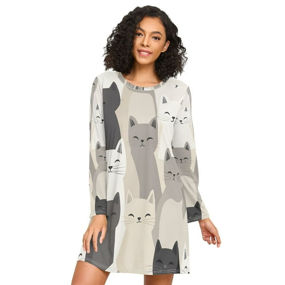 FORMRS Womens Long Sleeve Nightgowns Crew Neck Sleep Shirt Soft Pajamas Sizes S-3XL, Beige Cute Cats