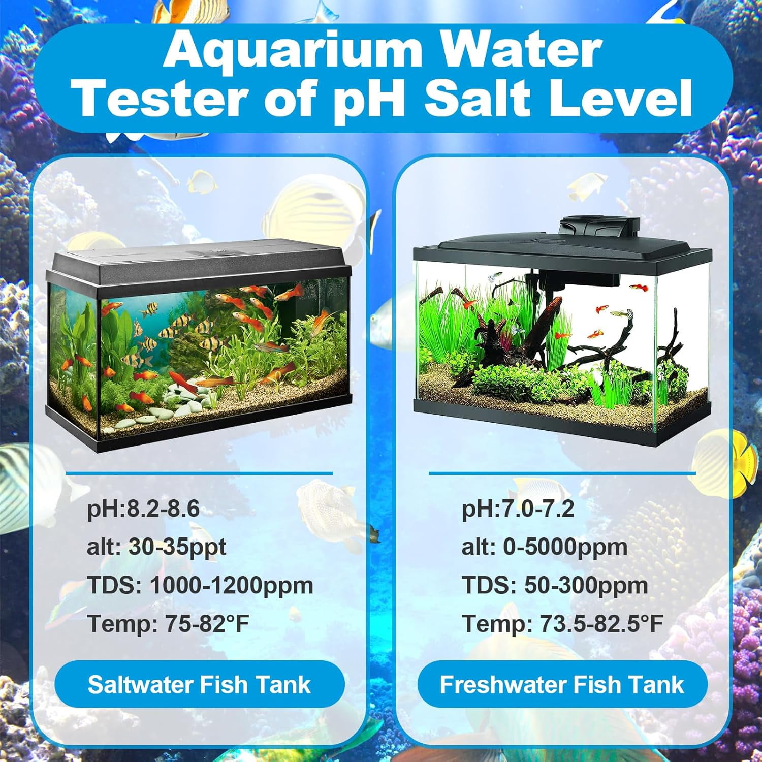 Pool Salt Tester, PH Tester Digital, Water Testing Kit, 5 in 1 PH Meter for Water/Salinity Meter/TDS/EC/Thermometer, Suitable for Drinking Water Swimming Pools Hydroponic Plants Aquariums
