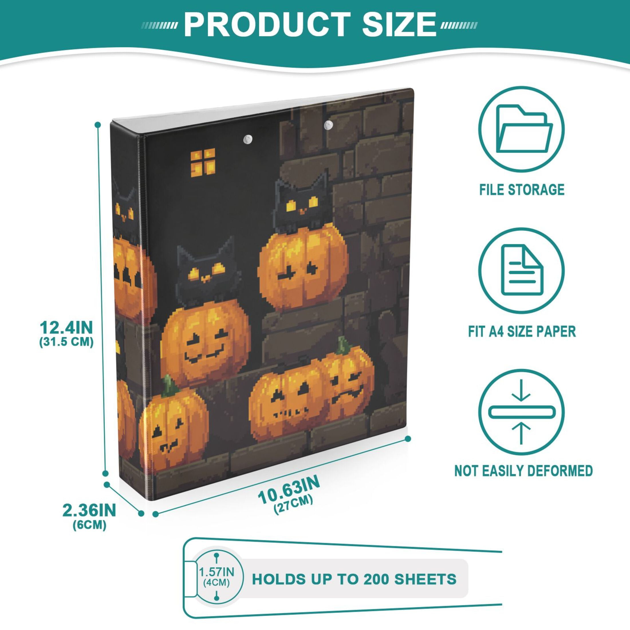 Halloween Pumpkin Pixel 3 Ring Binders 1.5 inch Hardcover File Folders with Interior Pockets A4 Size Organizer for School Office Hospital