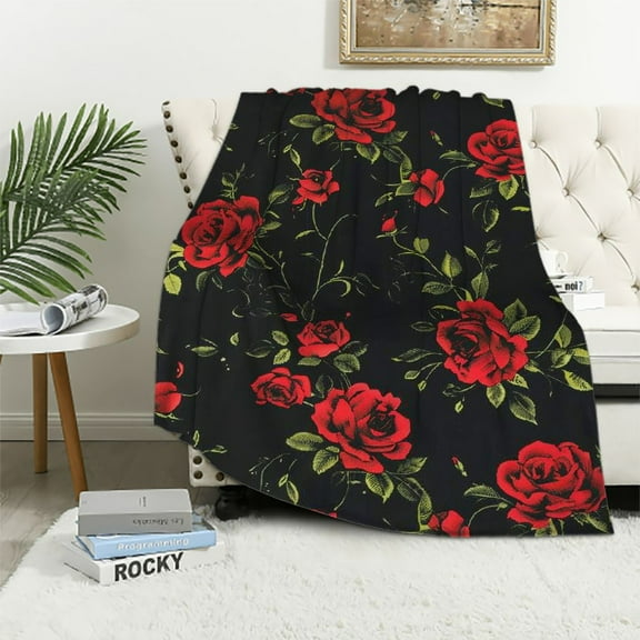 Orinice  Vintage Floral Red Rose Blanket Gifts for Women Girls for Bed Living Room Bedding Couch Soft Lightweight Warm Cozy Flower and Green Leaves Throw Blankets Decor  40x50in