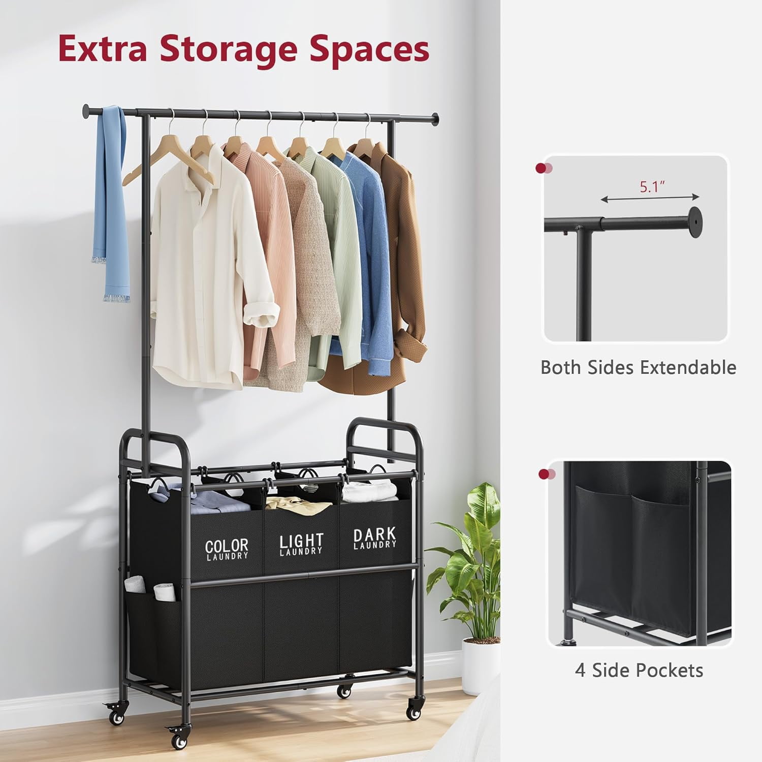 Laundry Sorter Cart with Hanging Rack, Laundry Sorter 3 Section, Laundry Hamper with Heavy Duty Rolling Lockable Wheels, Black