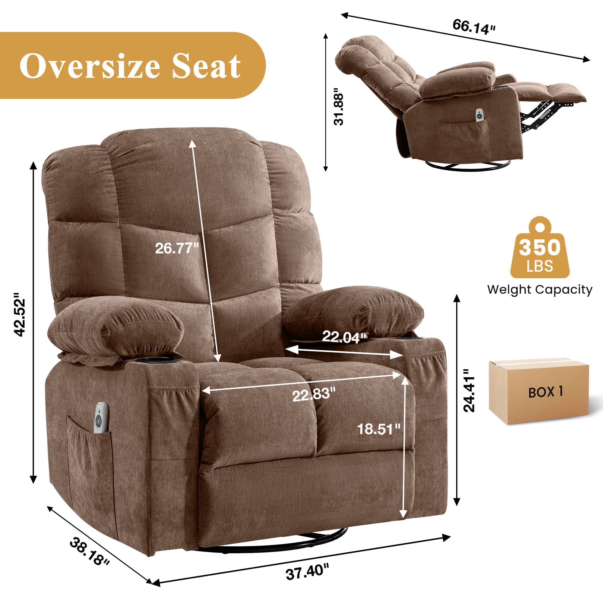 Alvantor Swivel Recliner Chair with Massage & Heat Single Rocker Sofa with Cup Holders for Bedroom Home Theater Brown
