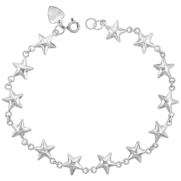 925 Sterling Silver Solid Italian Linked Stars Charm Bracelet 10mm