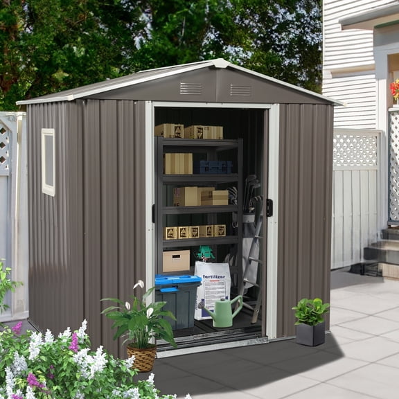 CarButler 6x5ft Metal Outdoor Storage Shed With Window and Lockable Sliding Doors for Garden Backyard Patio Lawn Gray