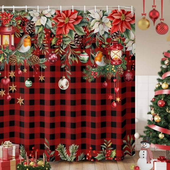 Christmas Plaid Shower Curtain, Xams Tree Winter Poinsettia Pine Cones Waterproof Fabric Shower Curtains with 12 Hooks, Bathroom Curtain Set for Bathroom Accessories Decor, 66 x 72 Inches