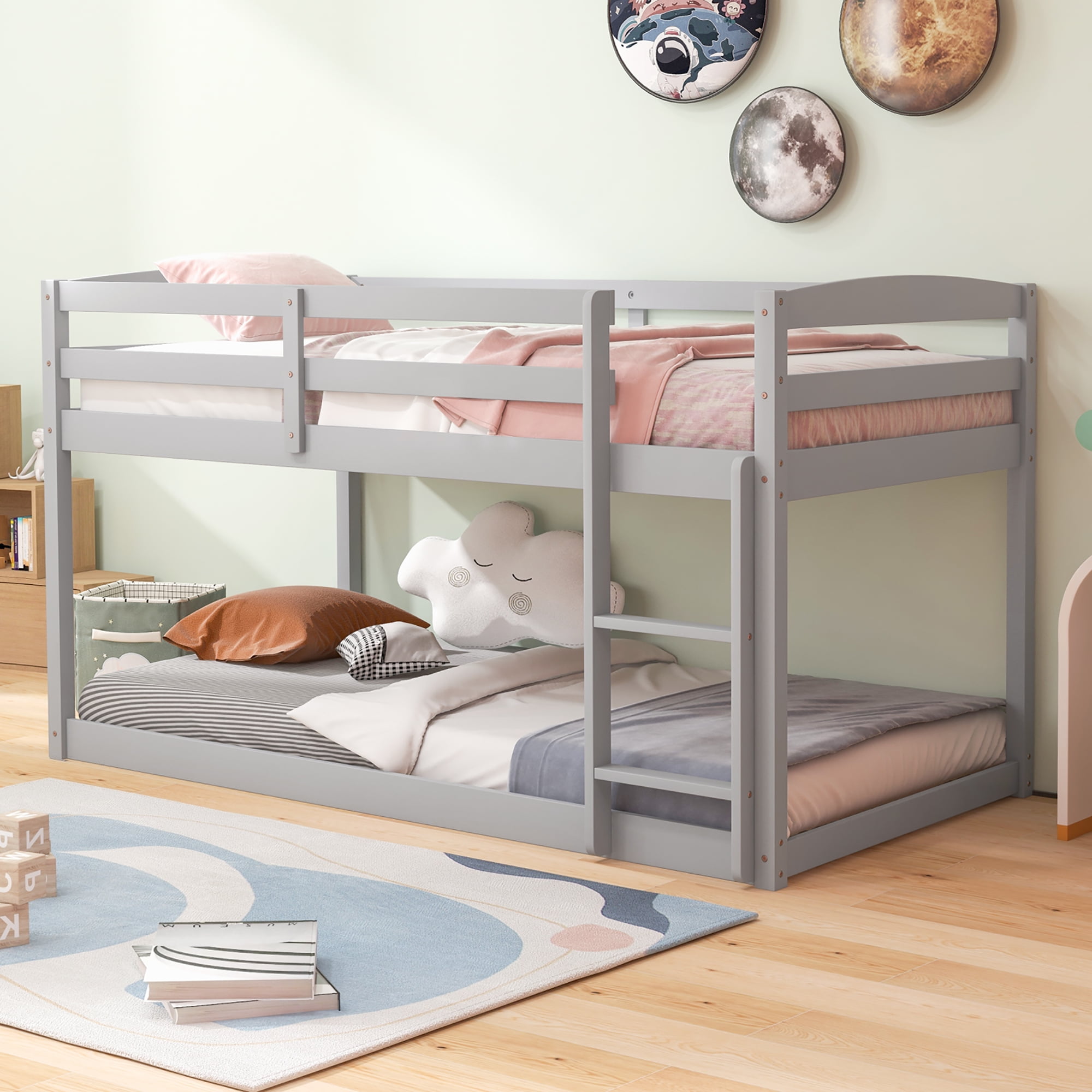 Costway Twin over Twin Low Bunk Bed with Guardrails Integrated Ladder Kids Wooden Grey Walmart