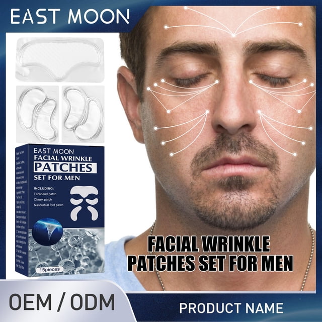 fiudx parches antiedad, mascarilla hidratante gel, set parches antiarrugas de hidratación profunda — rostro masculino frontal con ojos cerrados y líneas blancas que marcan zonas para parches; a la izquierda caja azul de la marca y bandeja con parches gel transparentes en forma de media luna y parche de frente. Apto para uso diario y cuidado facial.