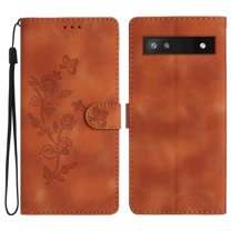 SaniMore Wallet Case for Google Pixel 7A 6.1" 2023, PU Leather Embossed Flower Shockproof [Card Slots   Cash Pocket   Removeable Wrist Strap] Kickstand Full Protective Business Shell, Brown