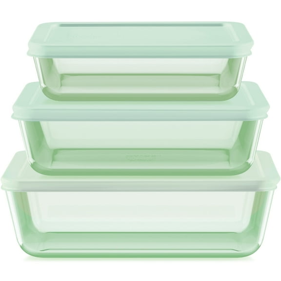 Pyrex Simply Store Tinted 6-Piece Rectangle Glass Storage Set with 3c/6c/11c Containers and Airtight Lids, Green