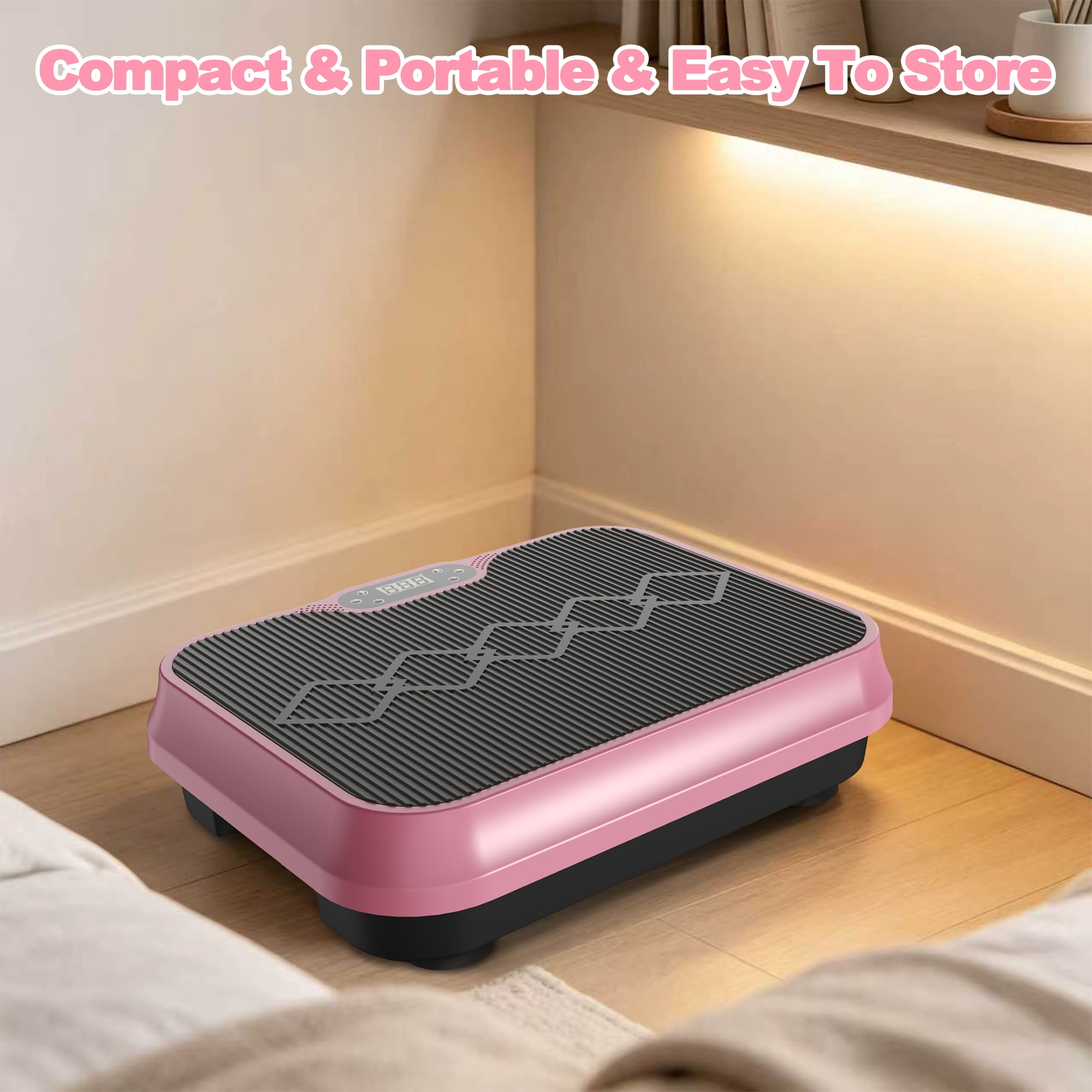 Vibration Plate Exercise Machine for Body Workout, Vibrating Fitness Platform with Remote Control & Resistance Bands, Compact Gym Vibration Trainer for Weight Loss, Muscle Toning, Home Office, Pink