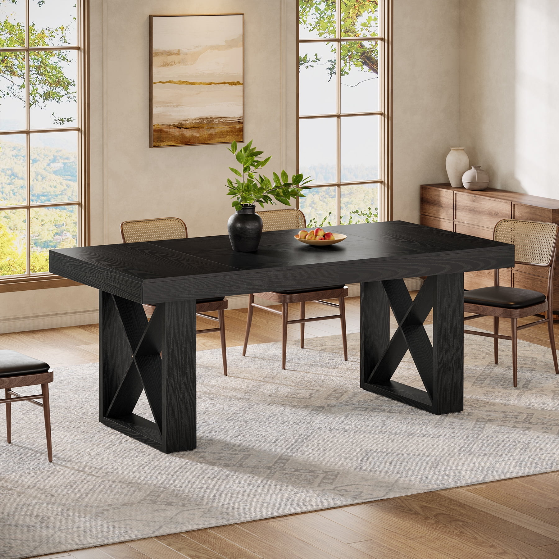 Tribesigns 63-Inch Dining Table for 4-6 People, Farmhouse Thick Appearance Design, Rectangle Kitchen Dinner Table for Dining Room, Living Room, Black