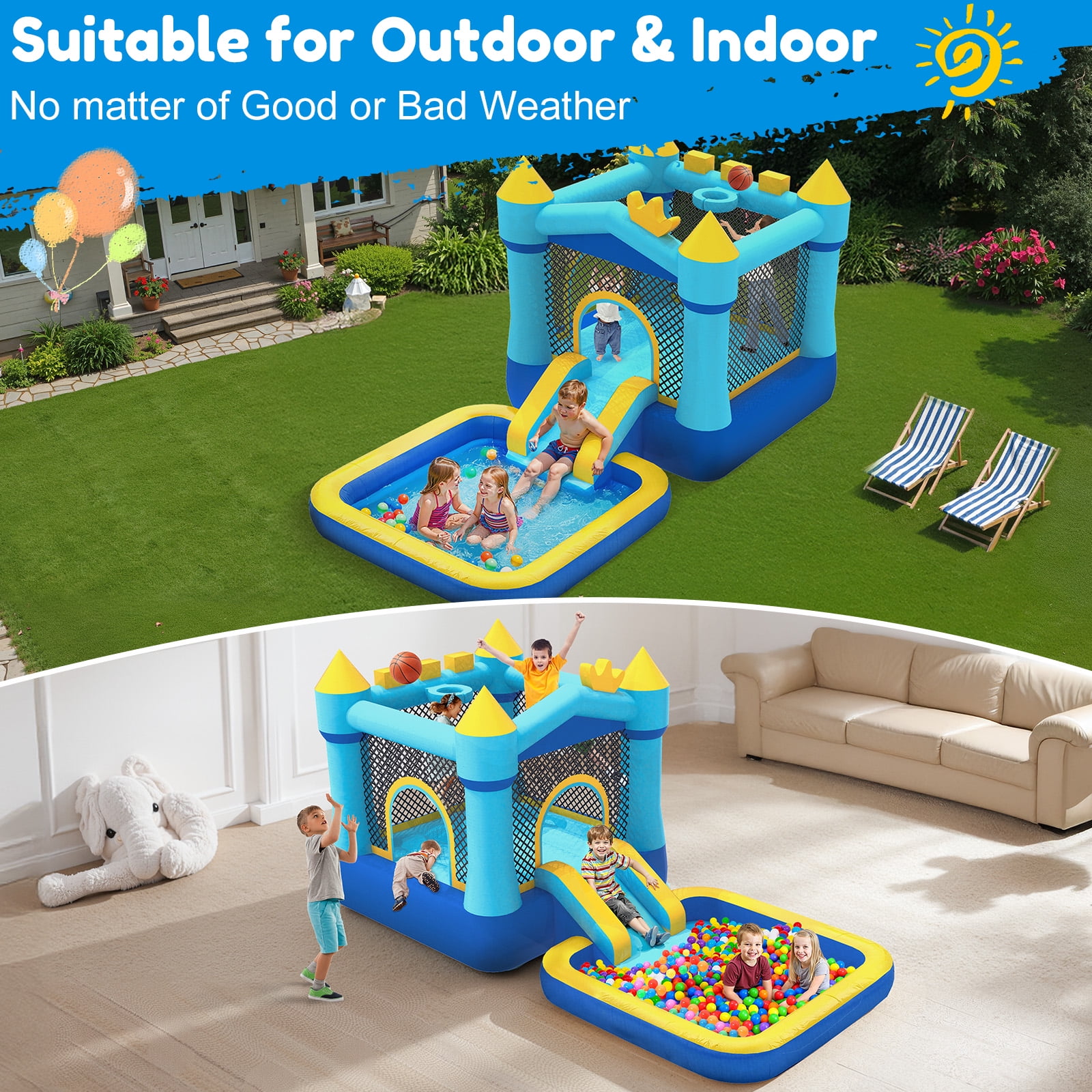 Mukidy 145''x 75'' x 73'' Inflatable Bounce Houses for Kids 3-8 with Blower Ball Pit and Large Pool Outdoor/Indoor Bouncy House, PVC, Child, Teen, Toddler，Blue