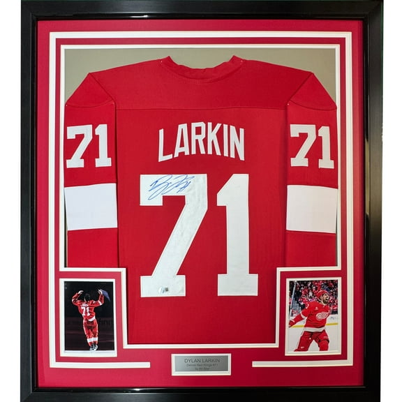 Framed Autographed/Signed Dylan Larkin 35x39 Detroit Red Hockey Jersey Beckett BAS COA