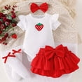 thumbnail image 3 of Kaprioy Baby Girl Outfit Girls Clothes Short Sleeved Fruit Printed Ruffle Sleeve Knitted Romper Bodysuit Short Solid Skirt Pants Suit Bow Headband Stockings Set, 3 of 7