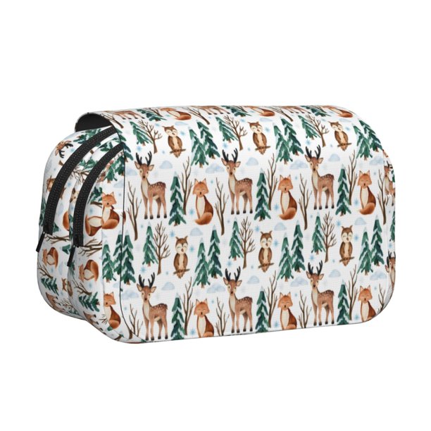 Disketp Winter Woodland Friends Estuche de Lápices de Doble Capa con Tapa Abatible y Cremallera, Organizador Escolar para Adolescentes y Adultos