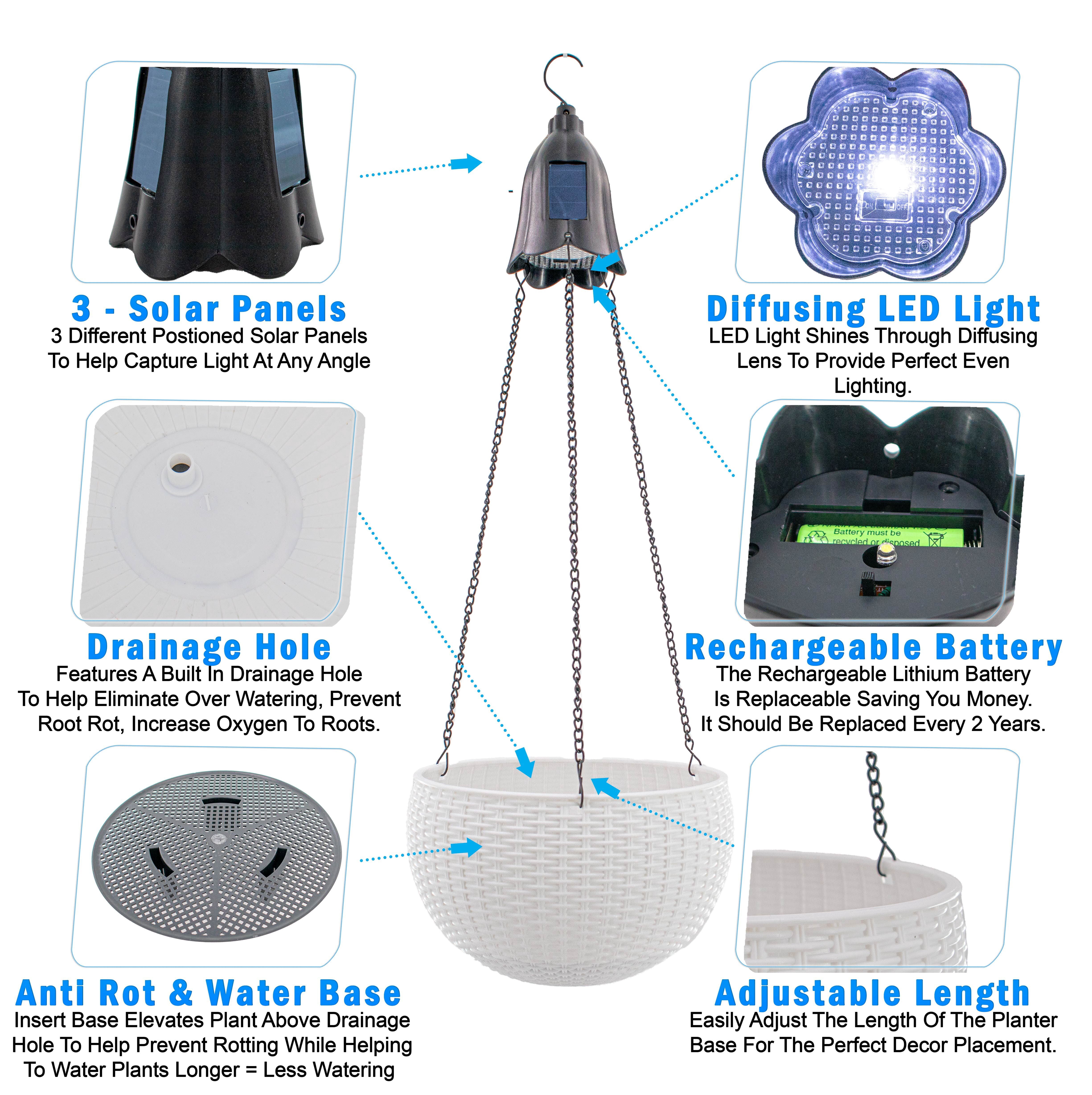 Self-Watering Solar Hanging Planter with LED Light, Plastic Wicker Basket and Drainage Base for Patio
