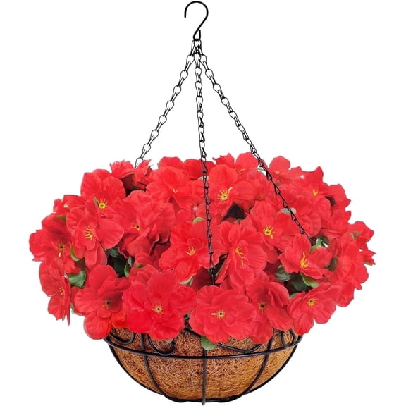 Scidweet Artificial Hanging Flowers with Basket, 30 Pcs Azaleas Outdoors Fake Plants with Coconut Lining Basket Spring Summer Decoration for Home Patio Garden, Red