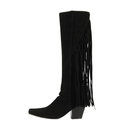 

KBKYBUYZ Women s Warm Solid Tassels Retro High Heel Round Head Boots Shoes