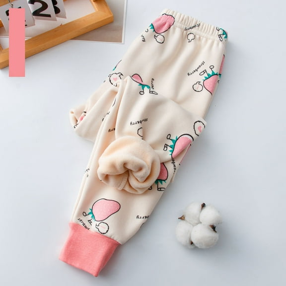 CUZIBR Toddler Pants Cartoon Prints Elastic Waist Thick Fuzzy Lined Winter Warm Wide Leg Leggings Pants Plush Thermal Cute Pants,Beige,2-3 Years