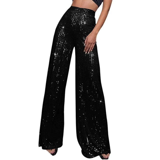 AherBiu Womens Sequin Pants High Waisted Plus Size Straight Leg Sparkly Club Wear Solid Color Trousers
