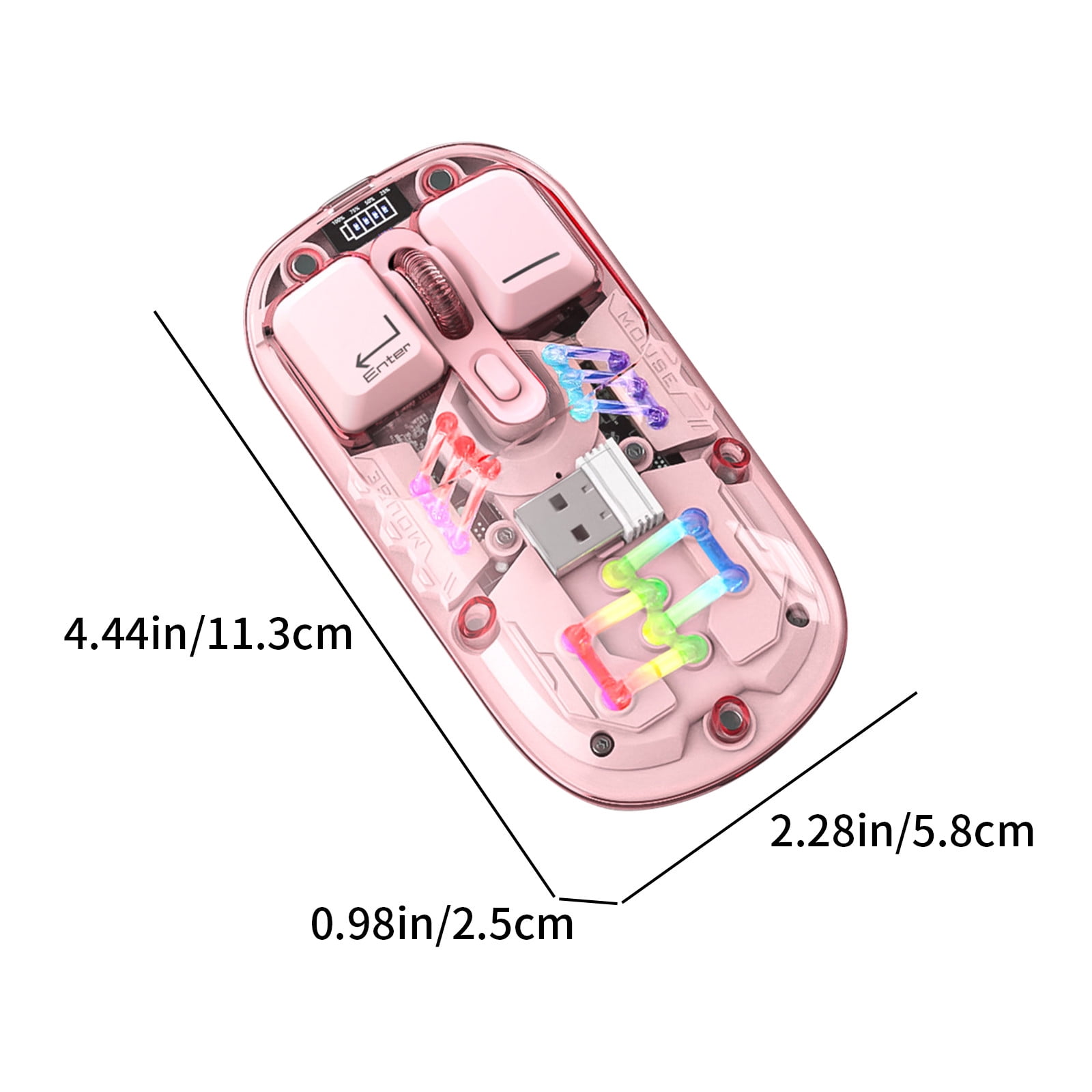 Transparent Wireless Mouse RGB — 4G Bluetooth 5.0 Type-C Rechargeable 1600DPI | White Pink Purple 4.44x2.28x0.98 Inch