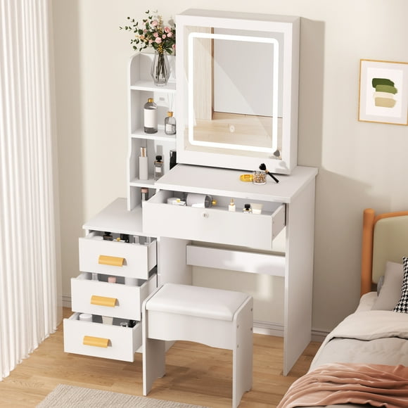Fairnull Multi-Functional Sliding Mirror Vanity Desk Adjustable Lighted Dressing Table & Makeup Table Hidden Storage, Drawers & Sleek Minimalist Style