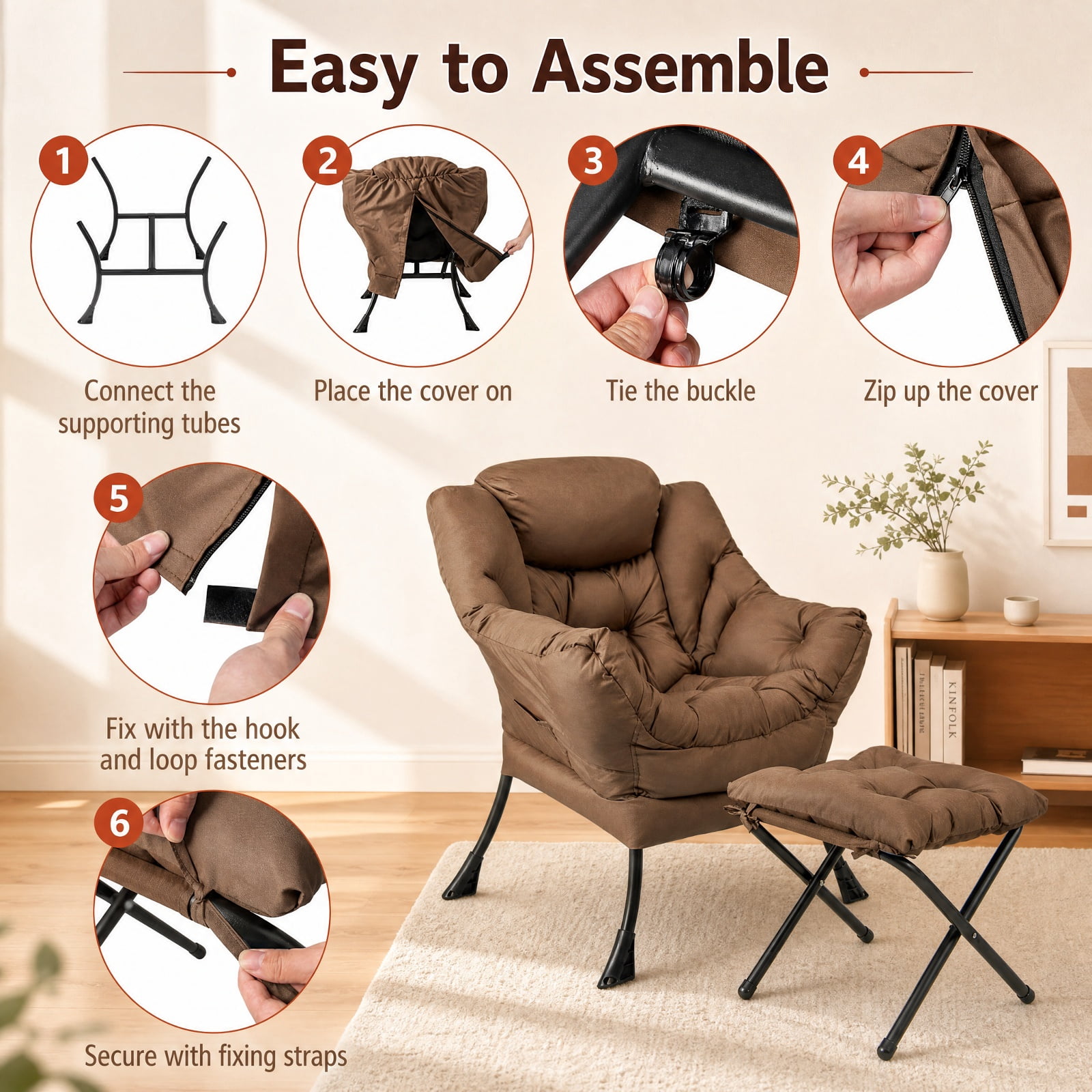 Furnibear Modern Accent Sofa Chair with Folding Footrest and Side Pocket for Living Room Bedroom and Balcony Reading Nook, Brown