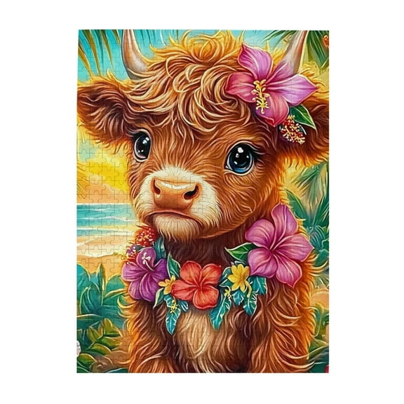 Highland Cattle Hibiscus Beach 500-Piece Wooden Jigsaw Puzzle for Adults, Fun & Challenging Family Game, Stylish Wall Decor & Holiday Gift
