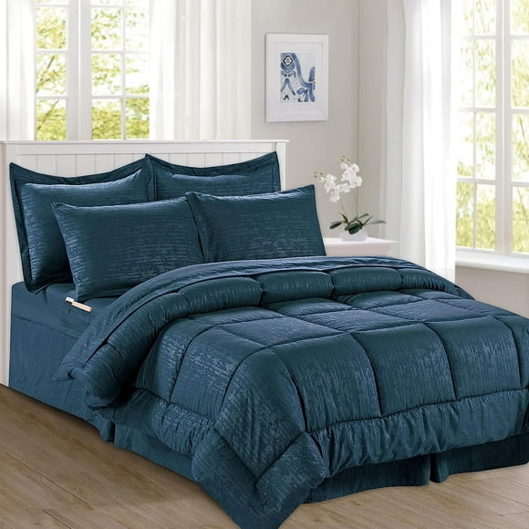 Mocassi Cozy & Soft 8-Piece Bedding Set - Includes Comforter, Smart Sheet Set, Bed Skirt, Matching Pillowcases and Shams, Bamboo Design, Full/Queen, Navy Blue Comforter Set