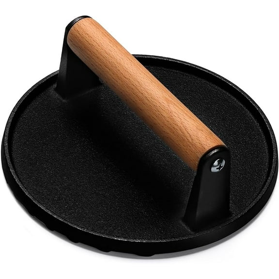WZW Burger Press, 7" Round Heavy-Duty Cast Iron Smash Bacon Press Meat Steak with Wood Handle for Griddle, Sandwich, Nonstick Pan