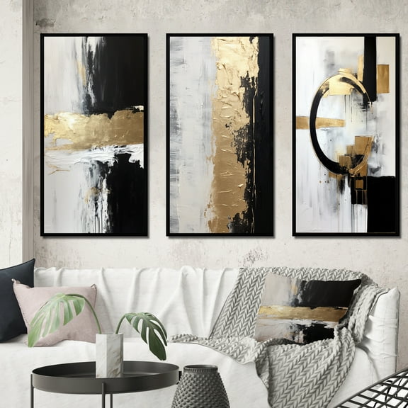 Designart "Horizontal Dimensions Gold and Black Abstract" Abstract Painting Framed Wall Art Set Of 3 - Gold Modern Frame Canvas Set For Living Room Decor