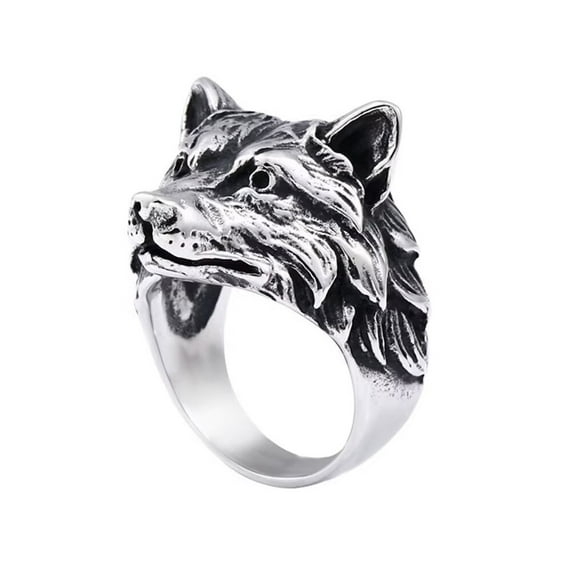PAMTIER Men's Stainless Steel Hip Hop Tribe Forest Ferocious Wolf King Head Biker Ring Personality Vintage Punk Band Silver Black Tone Size 7