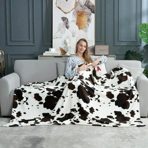 Cow Print Throw Blanket Non Shedding Thick Blankets Western Room Decor Super Soft Warm for Adults Kids Girl Gifts Bedroom Couch Sofa Travel Black Brown 50"x60"