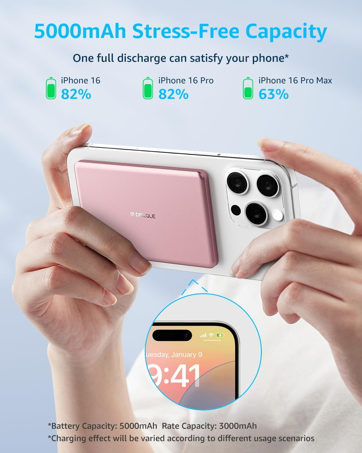 RGHJAR-“Air” Power Bank for MagSafe 5000mAh, Ultra Slim Magnetic Wireless Portable Battery Charger Case with USB-C Cable, Compatible with iPhone 17/16/15/14/13/12 Series Only (Pink)