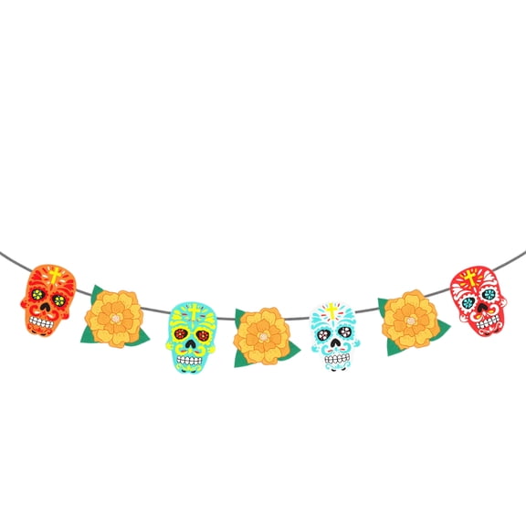 Day of the Dead Skull Banner Garland Paper Hanging Decoration with Floral Cutouts for Holiday Party Wall Door Mantel Display Style-Multicolor