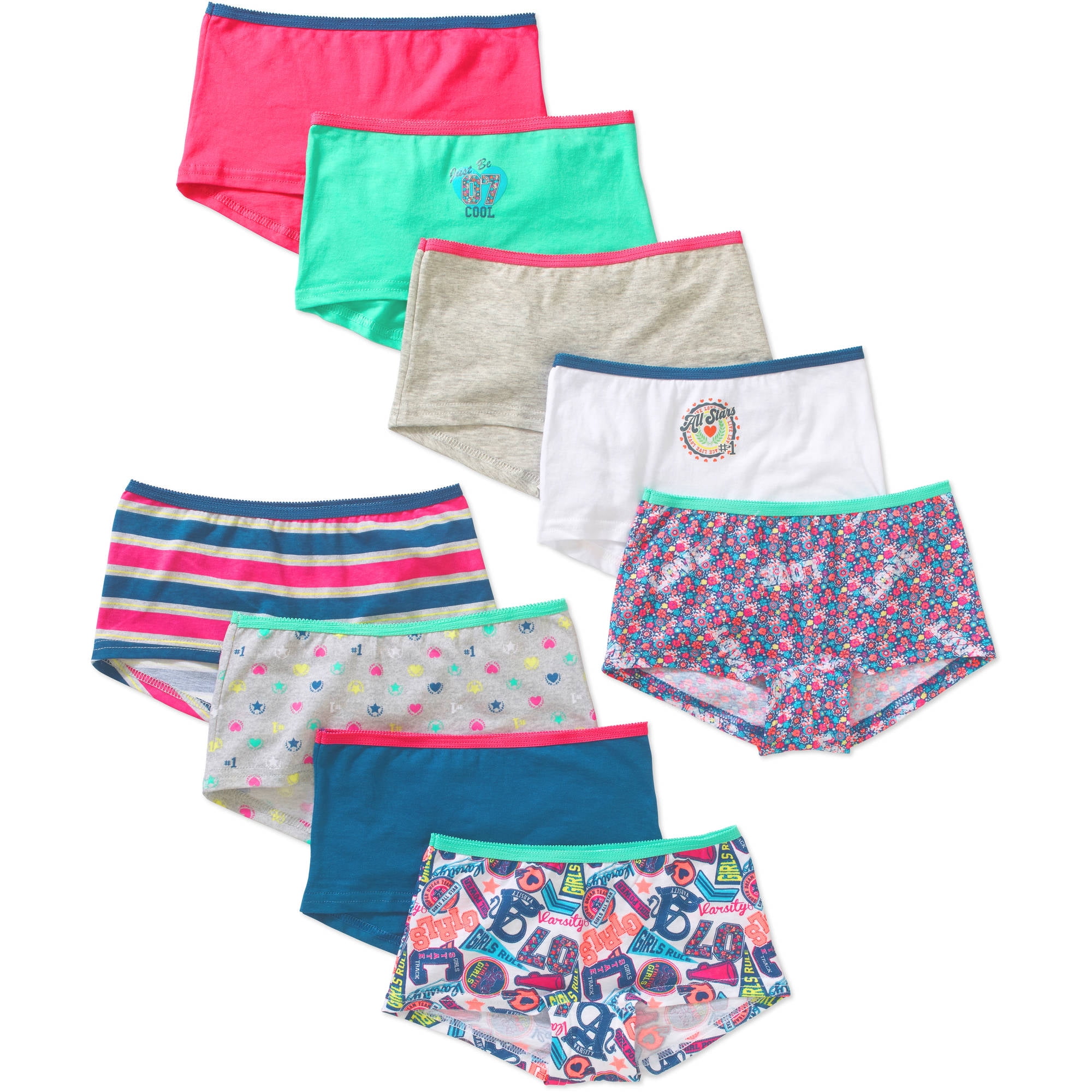 Wonder Nation Girls 100 Cotton Boyshort Underwear, 9 Pack Panties